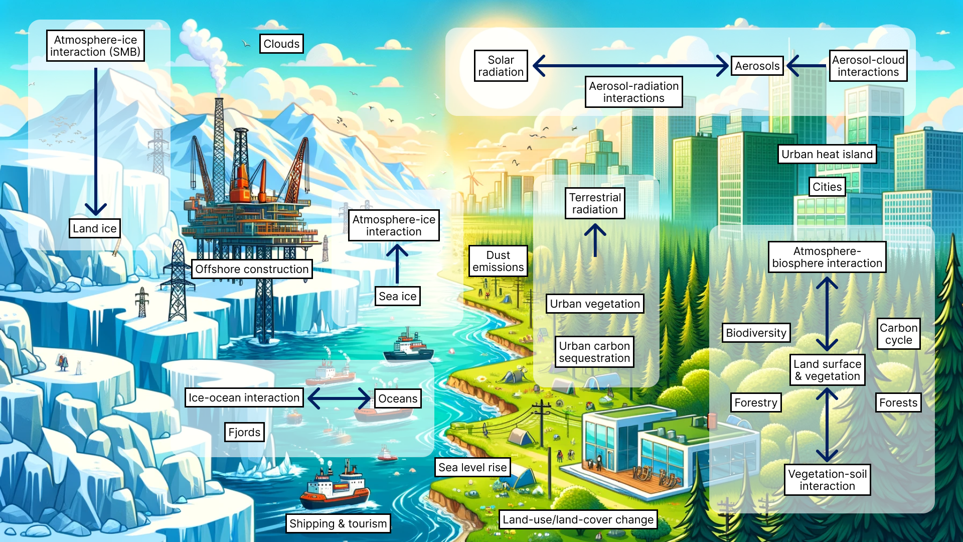 Diagram showing the different areas of interest of the project, such as Atmosphere-ice interactions (SMB), Land ice, Aerosol-radiation interactions, Atmosphere-biosphere interactions etc...